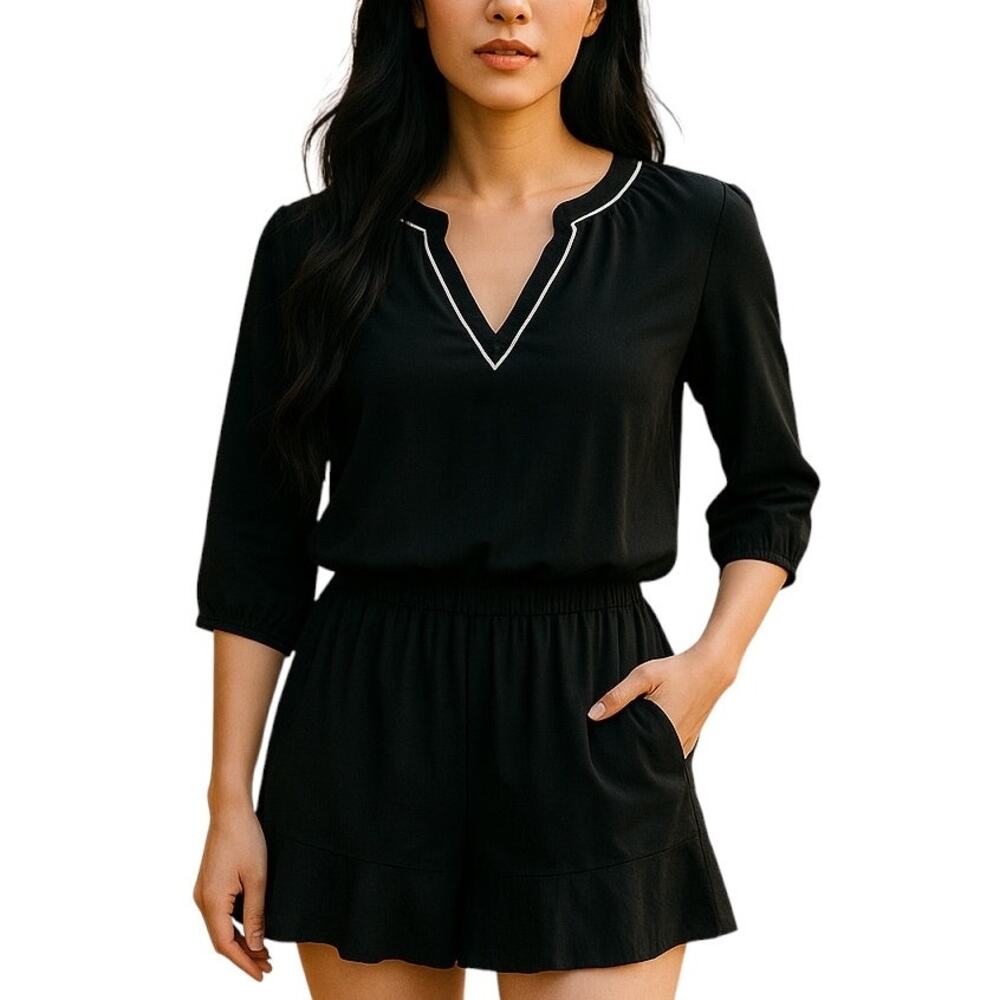 Soft Joie Caviar Black V Neck White Piping Mini Dress